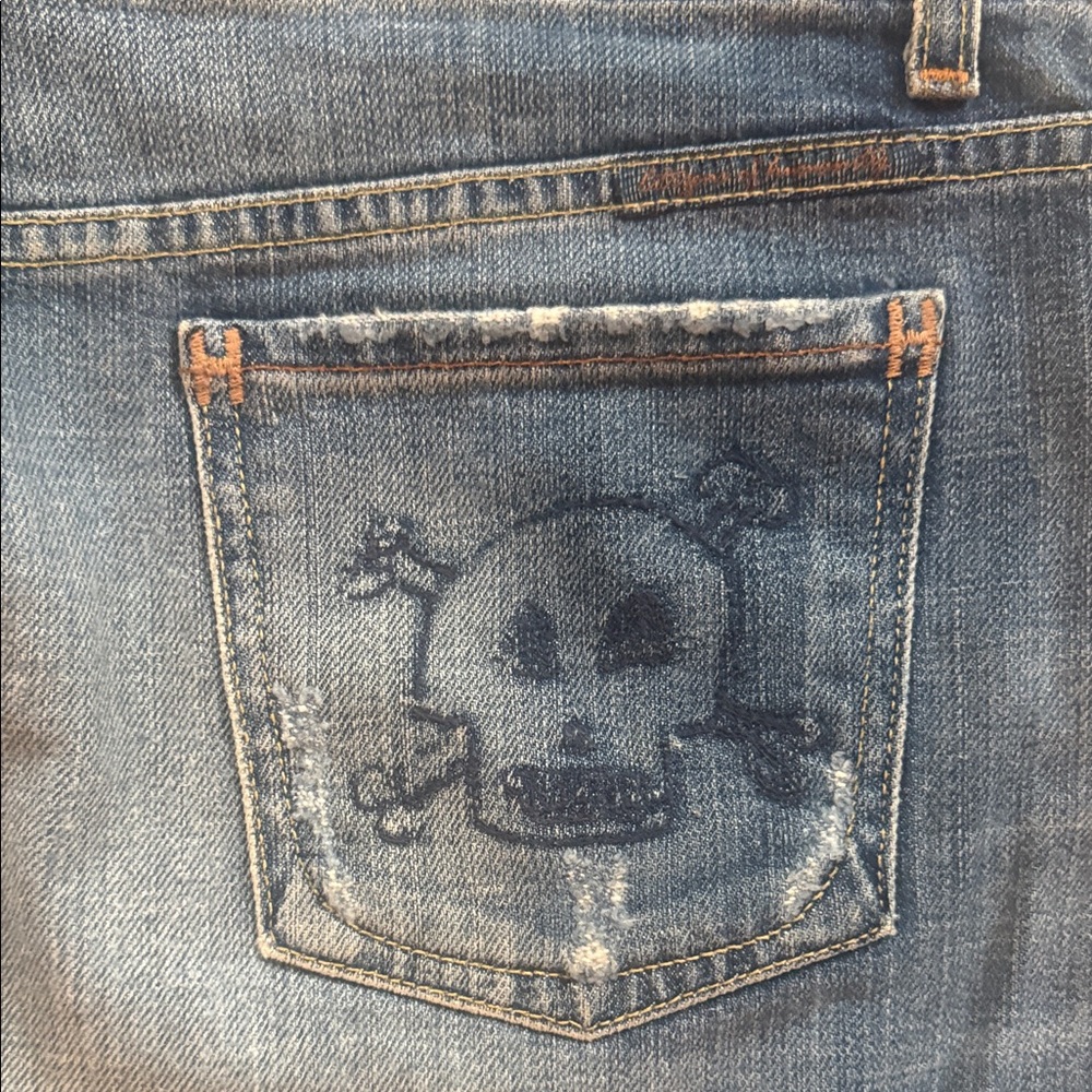 7 For All Mankind Blue Denim Mini Skirt with Graphic Pockets - Picture 2 of 5